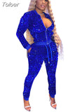 Glitter Sequin Velvet Sweatsuits for Women Winter Sports Two Piece Set Jacket and Pants Jogging Suits