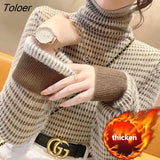 Turtleneck Pullover Women Striped Sweater Knitted Top Lined Warm Fleece Knitwear Woman 2022 New Korean Winter