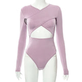 ArtsuWomen Sexy Cross Tops Hollow Out Rompers Slim Lady Summer Long Sleeves Bandage Skinny Bodysuit Bodycon
