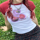 Cool Girl Cherry Print Hit Color Shoulder Insert Short-Sleeved Round-Neck T-Shirt 2024 Spring / Summer New Spice Girl Blouse-Outfit