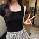 Version Of Knitted Short-Sleeved T-Shirt Women's New Summer Slim Thin Solid Color Full-Length Short-Style Blouse Ins-Outfit