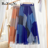 Spell Color Mesh Skirts for Woman Fashion High Quality Lining Korean Vintage Beautiful Midi Pleated Tutu Tulle
