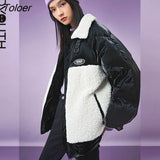 Women Down Jacket 2021 Winter Thick Polo Collar Warm Outwear 90% White Duck Down Lamb Wool Stitching Casual Chic