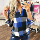 Size Women's Blouse Shirts Autumn Long Sleeve V-neck Loose Tops Elegant Ladies Office Blouses Womens Plaid Tops and