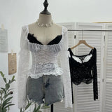 Shooting Strapped With Hollow Retro Print Long-Sleeved Mesh T-Shirt Ribbon Design Spring And Summer Top