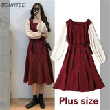 Women Retro Temperament Plus Size Long Sleeve Square Collar New Party Holiday Patchwork A-Line Female Fashion