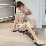 Winter Women Pants Suit Lace Up Notched Blazer Jacket Wide Leg Pants Office Female