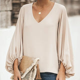Lantern Sleeve V Neck Solid Women Blouse Lace Patchwork Oversize Female Blouses 2021 Spring Casual Ladies Top