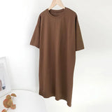 Women Casual Loose Solid 100% Cotton T Shirt Dress O Neck Mini Dress Batwing Short Sleeve Basic Dresses