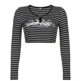Goth Print Tops Stripe Cute Y2K T-Shirts Dark Academia Techwear Button Up V Neck Half Sleeve Sweat Shirts Grunge