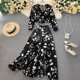 Sexy Chiffon Two Piece Set Women Autumn Bohemian Vacation Beach Short Tops And Ruffle Irregular Long Skirt Female Print Suit
