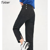 Women Jeans 2022 Autumn Middle Waist Straight Denim Pants Solid Black Chic Casual Streetwear Trousers Female