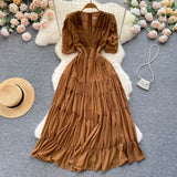 French Folds Long Dress Lapel V Neck Senior Ruff Sleeve Slim Ladies Summer Fashion Elastic Solid Sweet Sexy