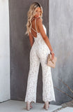 White Elegant V-neck Sleeveless Solid Lace Backless Full Length Regular Straps Rompers 425-1-Outfit