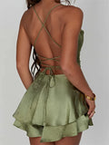 Low Cut V-neck Backless Lace-up Mini Dress for Women Summer Party Clubwear 2023 Sleeveless Strap A-Line Dress Vestido-Outfit
