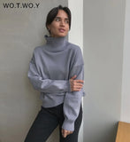 WOTWOY Casual Turtleneck Sweater Women Autumn Winter Basic Long Sleeve Knitted Pullovers Women Oversized Solid Sweater