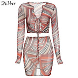 vintage fashion graphic 2 piece set female sexy see-through mesh fabric v neck lacing crop top&mini skirt Matching