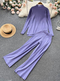 Women Casual Knitted Sets Half High Collar Sweater Top+Elastic Wide Leg Long Pants Winter Sweater Two Piece