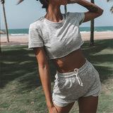 Solid Sportswear 2 Two Piece Sets Women 2021 Crop Top And Drawstring Shorts Matching Suits Summer Athleisure Outfits