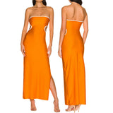 Womens High Street Casual Cutout Tube Tops Dress Fashion Gradient/Solid Color Off-shoulder Skinny Slit Long Sundress-Outfit