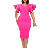 Women's Clothing 2025 New Round-Neck Lotus Leaf Sleeves Open Nail Beads OL Dress Dress Dress