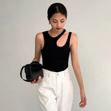 Casual White Cut Out Women's T Shirt Round Neck Sleeveless Korean Slim T Shirts Female Clothing 2022 Summer