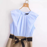 New Spring Style With Belt Collision Color Sleeveless Flute Dress 2157022-Outfit