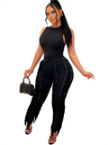 Summer Clothes Streetwear 2 Two Peice Sets Women Outfits Sleeveless Crop Top Women Tassel Shorts Green Black Matching
