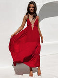 Summer Ladies Suspender Dress Temperament Sexy Backless Solid Color V-neck Hollow Black Suspender Large Swing Women's