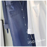 And Long Cotton Denim Shirt Skirt 2023 Spring And Autumn New Double Pocket Rolled Sleeve Thin Shirt Woman-Outfit