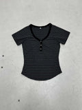Trendy Base Simple Stripe Bump V Collar Three Buckle Short-Sleeved T-Shirt Top 2025