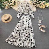 Sexy Chiffon Two Piece Set Women Autumn Bohemian Vacation Beach Short Tops And Ruffle Irregular Long Skirt Female Print Suit
