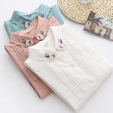 New Fine Women's Tops Flowers Embroidery Shirts Woman Long Sleeve Blouse White Green Lady Loose Cotton Shirts