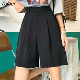 Women Summer Button Knee-length Black Wide-leg Loose Drape Korean-style Casual Womens Office BF Streetwear Fashion