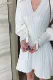 Lace-up Lantern Sleeve A-line Knitted Dress Temperament V-Neck Twist Pattern Knit Sweater Dress Women Autumn Winter