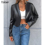 Faux Leather Blazer Women Black Moto Biker Short Jacket Casual Slim Button Pu Leather Coats Fashion Streetwear
