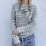 Striped Five-Pointed Star Leisure T-Shirt Women's Autumn Daily Simple Commuter Star Hit Color Long-Sleeved Blouse-Outfit