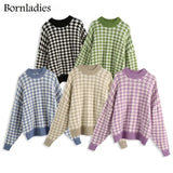 Houndstooth Oversized Knitted Sweater Women Long Sleeve Loose Plaid Pullover Female Autumn Winter Retro Jumper
