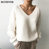 Casual V-neck Long Sleeve Loose Women Pullover Sweaters 2020 Autumn Winter Chic Irregular Hem Female Knitting
