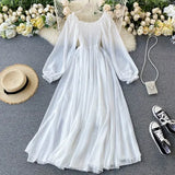 VAREY LIN New Spring Autumn Women Elegant Holiday Dresses Puff Sleeve Slash Neck Off Shoulder Smocked White Chiffon