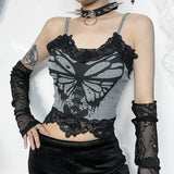Summer New Spice Girl Blouse Street Fashion Skeleton Butterfly Printing Lace Suspenders Girl-Outfit