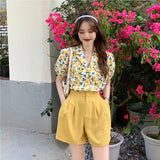 Summer Small Cute Sweet Floral Women's Shorts Sets Fashion Loose Bubble Short Puff Sleeve Shirt+wide Leg Shorts 2-piece