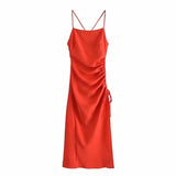 Women Chic Fashion Side Adjustable Drawstring Draped Midi Dress Vintage Backless Side Zipper Straps Female