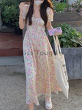 Floral Sweet Dress Women Designer Ruched Chic Midi Dress Female Chiffon Korean Fashion Puff Sleeve Elegant Dress 2022