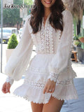 Solid Cut Out Two Piece Set Women Round Neck Lantern Sleeve Shirt High Waist Loose Mini Skirts Female Sets