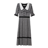 Summer Short Sleeve Lace Plaid Dress Woman French Elegant One Piece Dress Korean Casual Party Vintage Midi Dress Slim