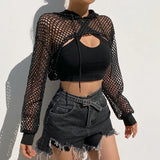 Rockmore Sexy Black Mesh Fishnet Top Women's Tshirt See Through Smock Long Sleeve T-shirts Cropped Top Tee Shirt Streetwear
