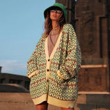 Patchwork Print Cardigans Knitted Women Oversized Casual Autumn 2021 Pockets Streetwear Y2K Daily Button Sexy