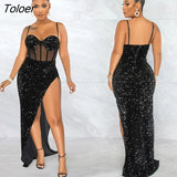 Sling Strap Sequin Sheer Mesh Patchwork Long Skinny Dress Sexy Split Party Dresses Vintage Vestidos Birthday Dress