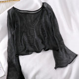 Women Summer Thin Knitting Solid Color O-neck All-match Sun-proof Sexy Flare Sleeve Outerwear Female Tops Simple